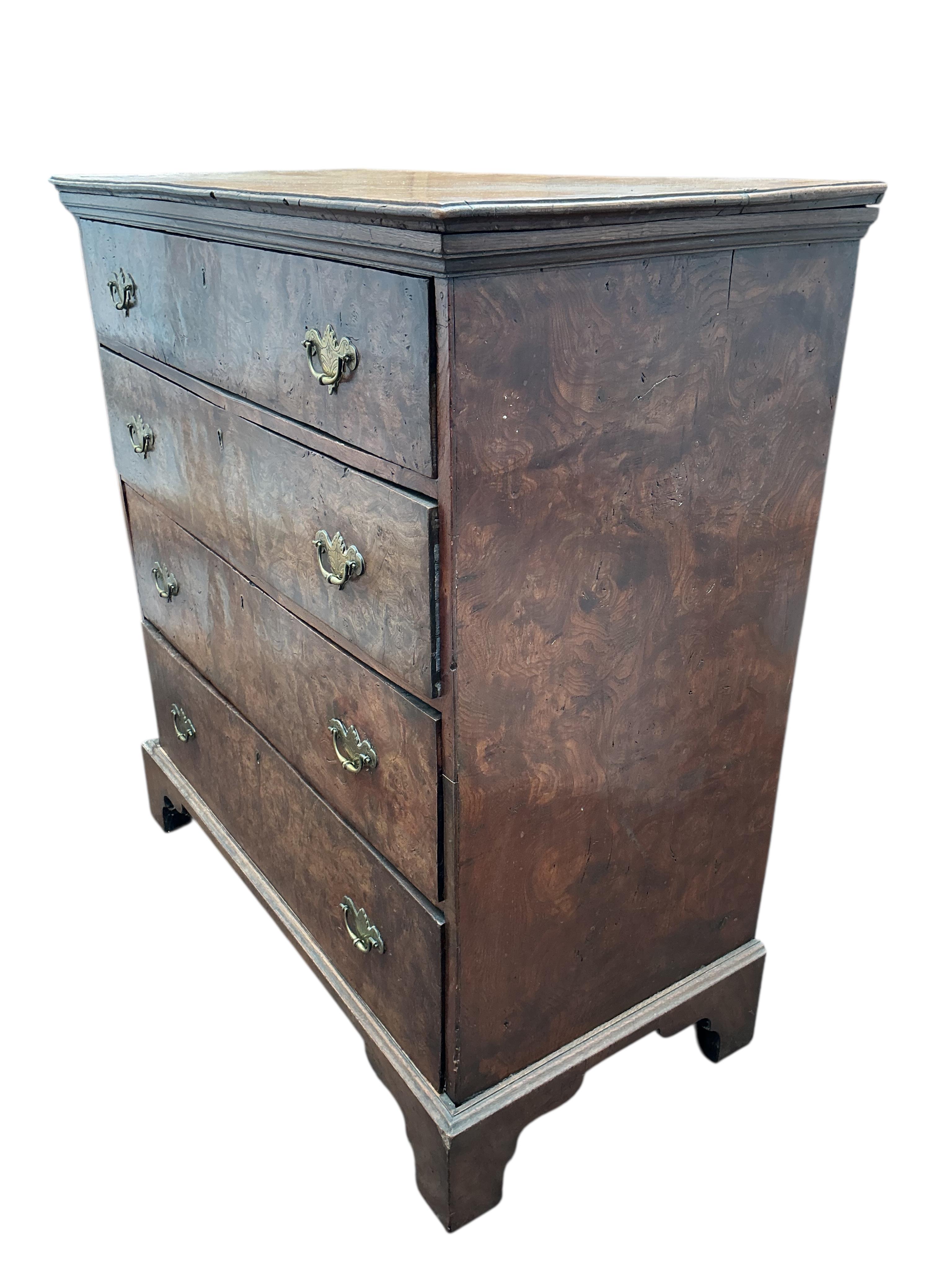 A George I style burr elm chest of drawers, width 96cm, depth 47cm, height 101cm